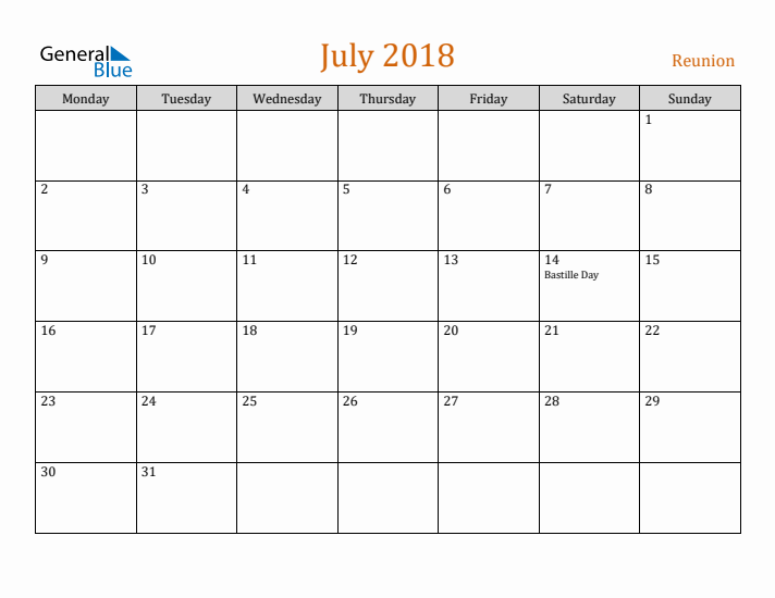 July 2018 Holiday Calendar with Monday Start