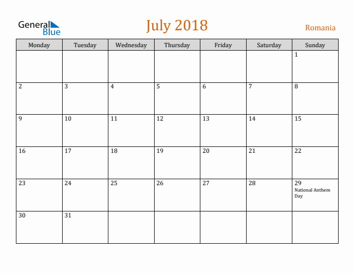 July 2018 Holiday Calendar with Monday Start