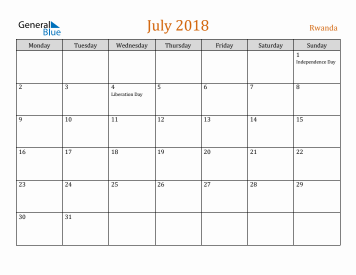 July 2018 Holiday Calendar with Monday Start