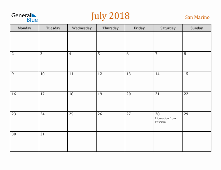 July 2018 Holiday Calendar with Monday Start