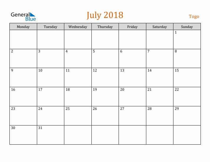 July 2018 Holiday Calendar with Monday Start