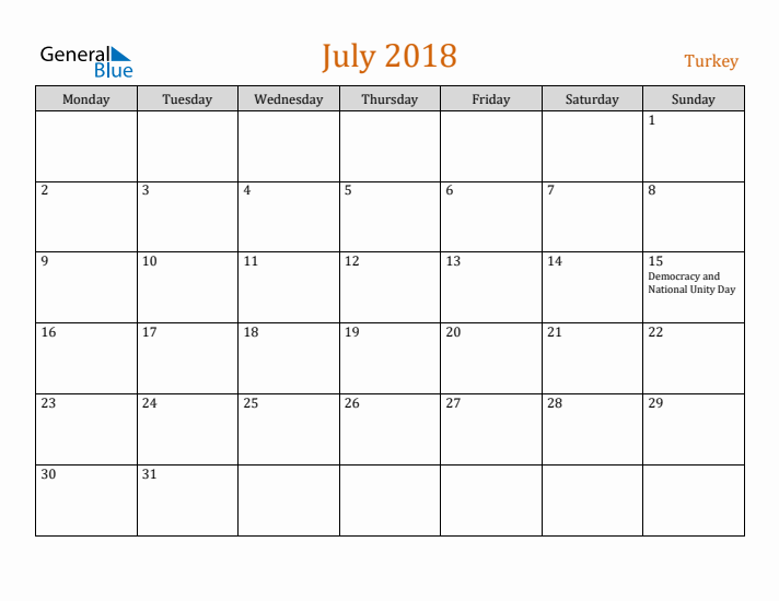 July 2018 Holiday Calendar with Monday Start