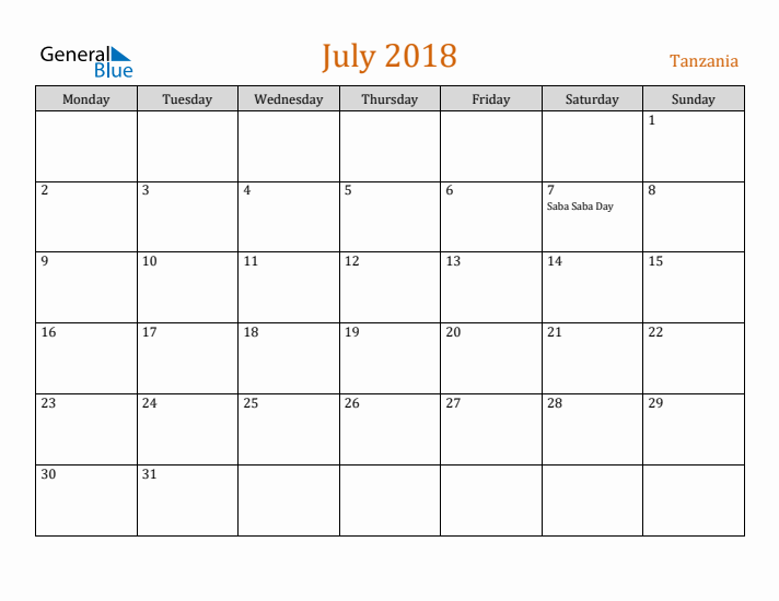 July 2018 Holiday Calendar with Monday Start