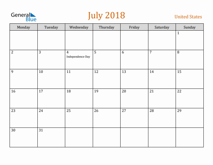 July 2018 Holiday Calendar with Monday Start