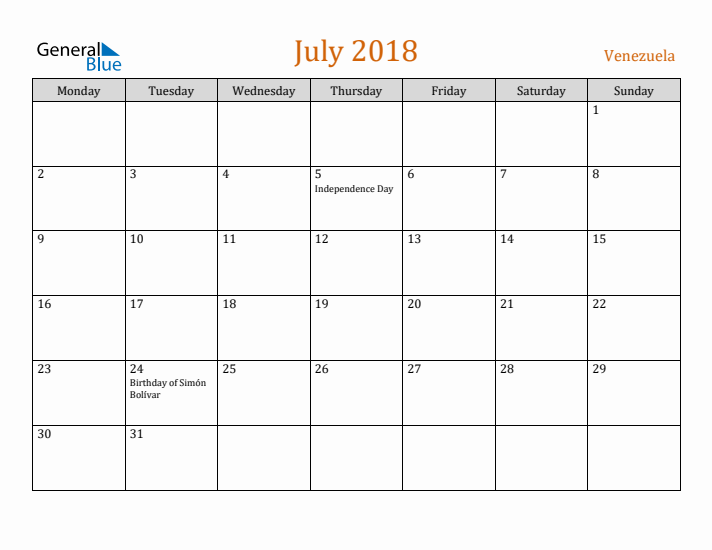 July 2018 Holiday Calendar with Monday Start