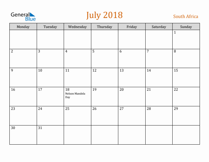 July 2018 Holiday Calendar with Monday Start