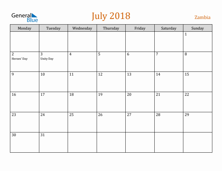 July 2018 Holiday Calendar with Monday Start