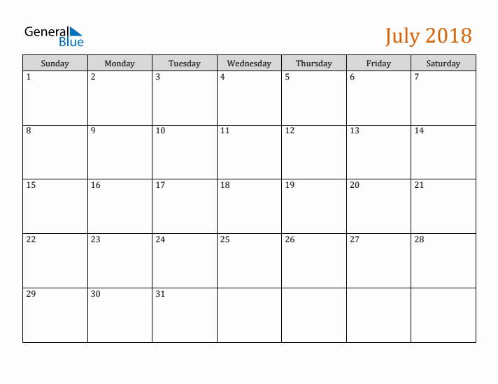 Editable July 2018 Calendar