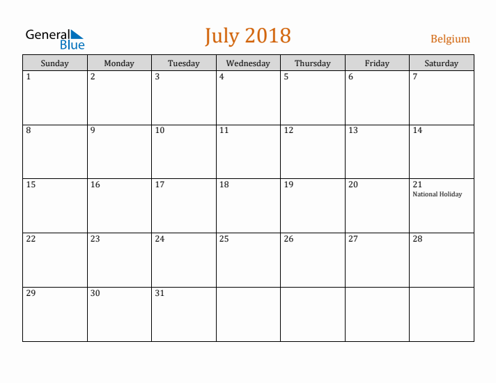 July 2018 Holiday Calendar with Sunday Start