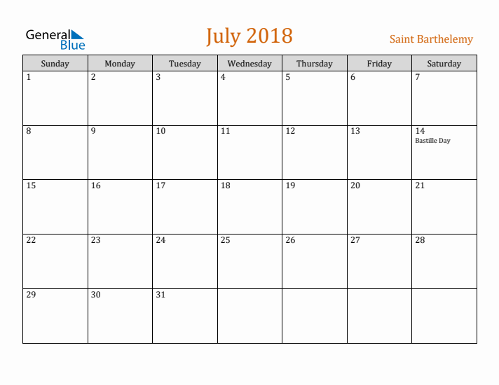 July 2018 Holiday Calendar with Sunday Start