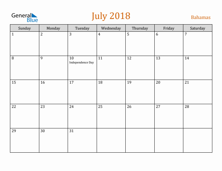 July 2018 Holiday Calendar with Sunday Start