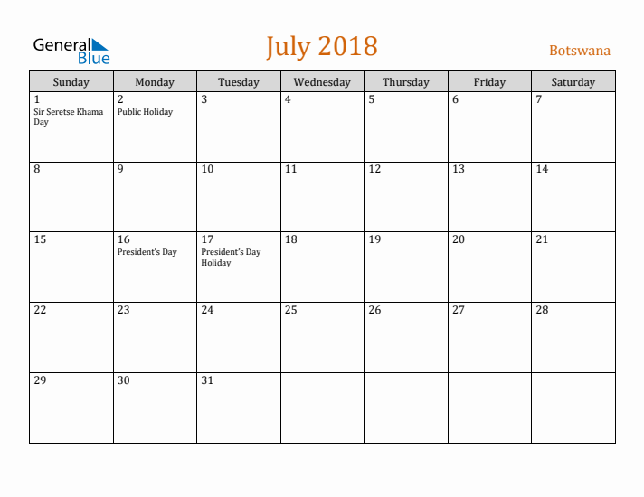 July 2018 Holiday Calendar with Sunday Start