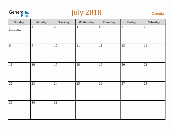 July 2018 Holiday Calendar with Sunday Start