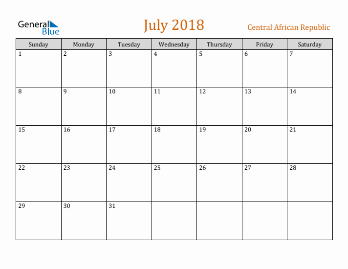 July 2018 Holiday Calendar with Sunday Start