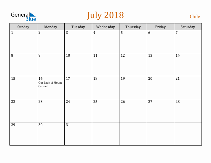 July 2018 Holiday Calendar with Sunday Start