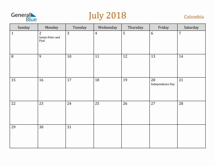 July 2018 Holiday Calendar with Sunday Start