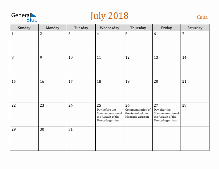 July 2018 Holiday Calendar with Sunday Start