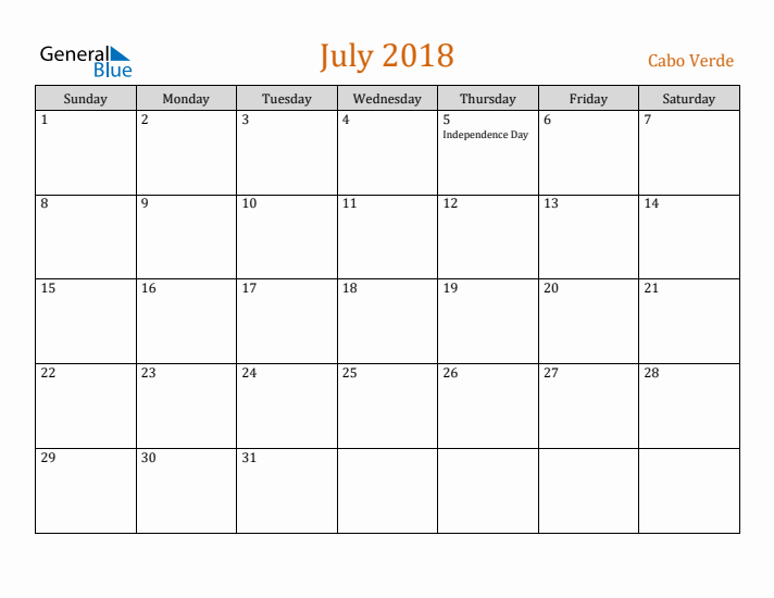 July 2018 Holiday Calendar with Sunday Start