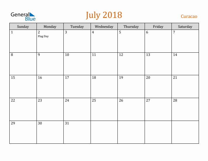 July 2018 Holiday Calendar with Sunday Start