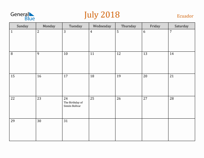 July 2018 Holiday Calendar with Sunday Start