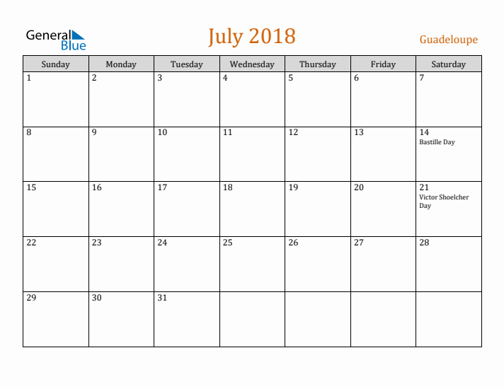 July 2018 Holiday Calendar with Sunday Start