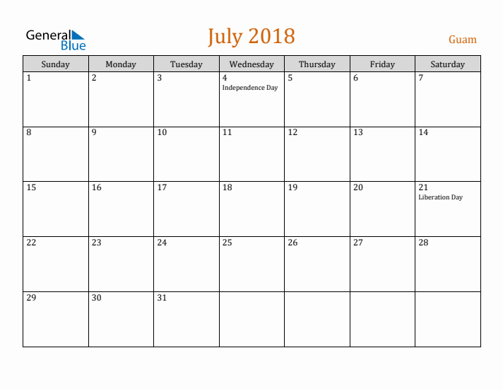 July 2018 Holiday Calendar with Sunday Start