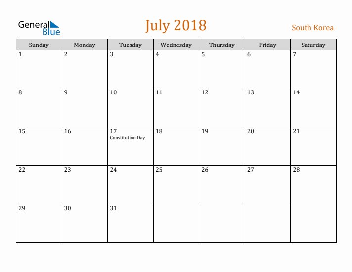 July 2018 Holiday Calendar with Sunday Start