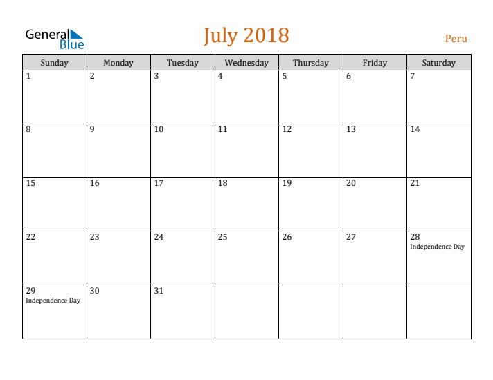 July 2018 Holiday Calendar with Sunday Start