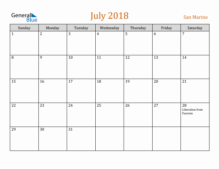 July 2018 Holiday Calendar with Sunday Start