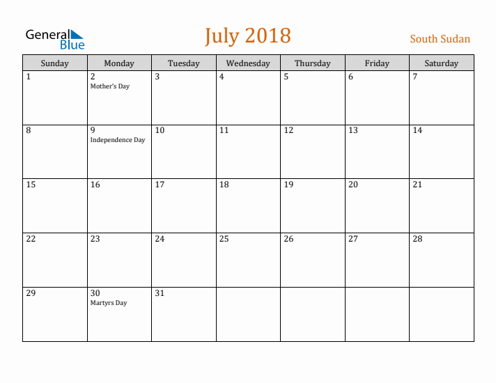 July 2018 Holiday Calendar with Sunday Start