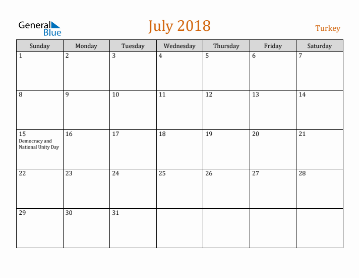 July 2018 Holiday Calendar with Sunday Start