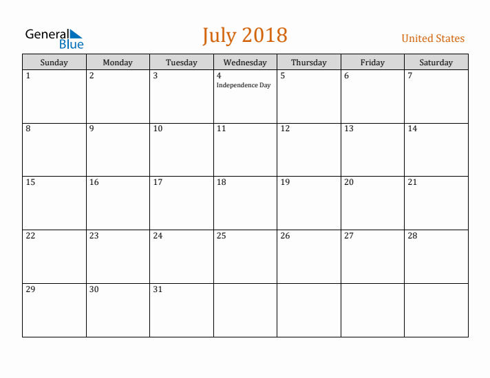 July 2018 Holiday Calendar with Sunday Start