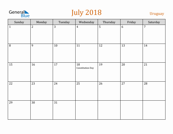 July 2018 Holiday Calendar with Sunday Start