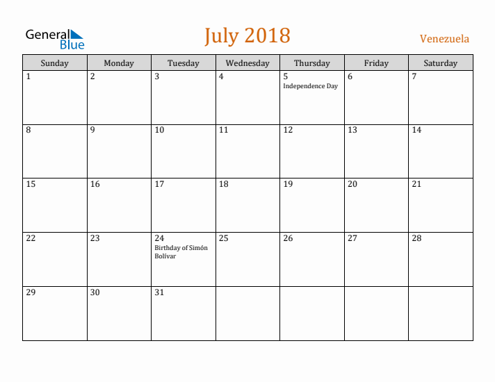 July 2018 Holiday Calendar with Sunday Start