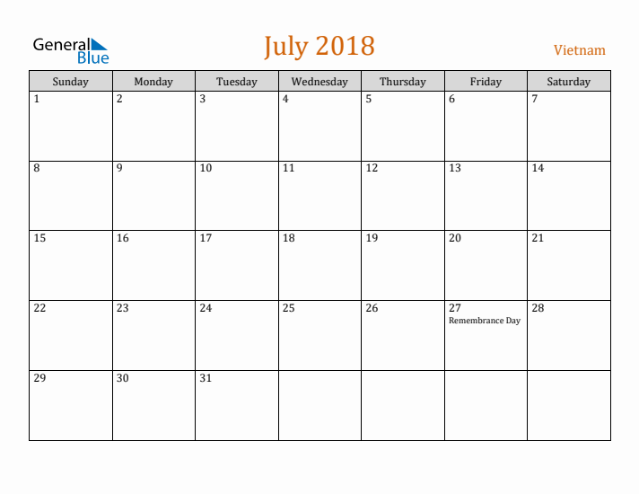 July 2018 Holiday Calendar with Sunday Start