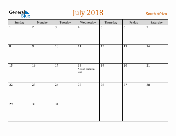 July 2018 Holiday Calendar with Sunday Start