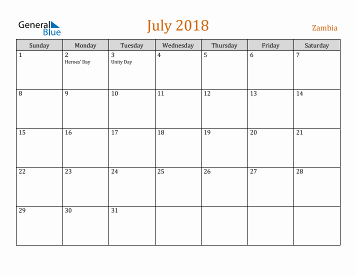 July 2018 Holiday Calendar with Sunday Start