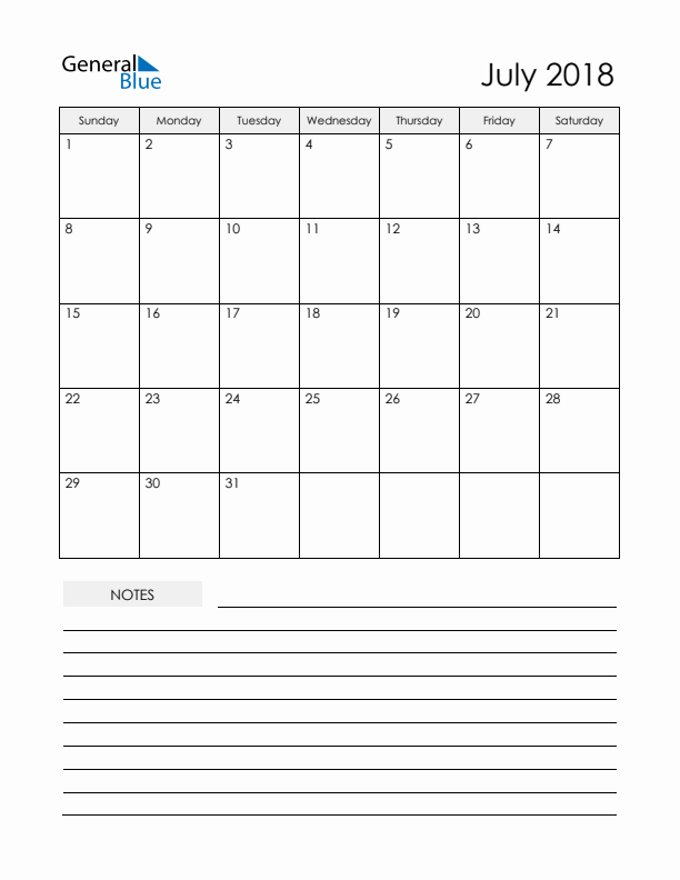 Printable Calendar with Notes - July 2018 