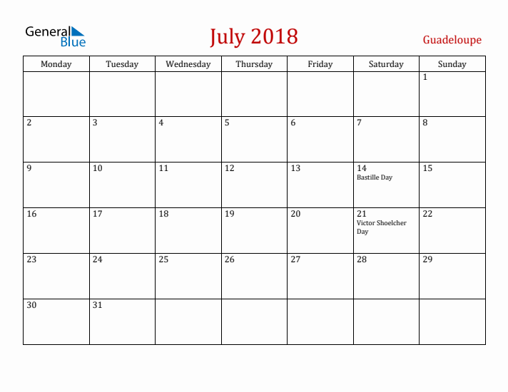 Guadeloupe July 2018 Calendar - Monday Start