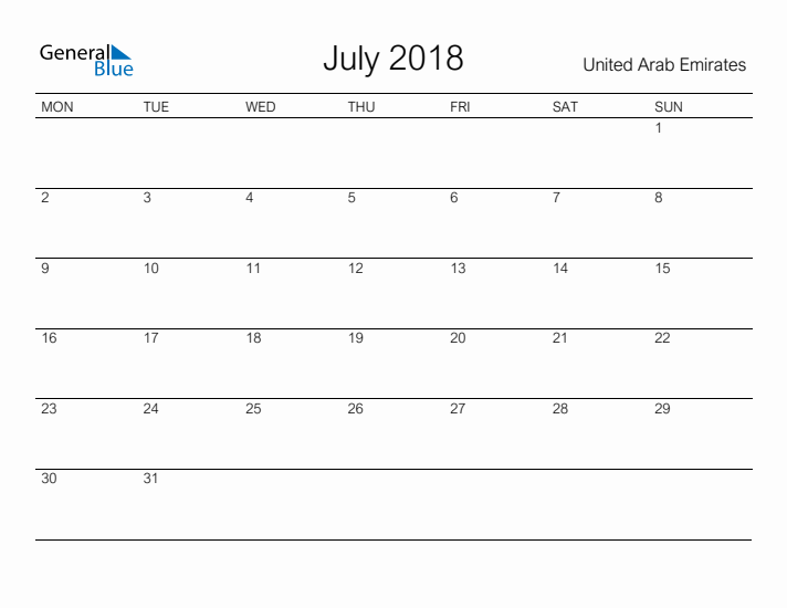 Printable July 2018 Calendar for United Arab Emirates