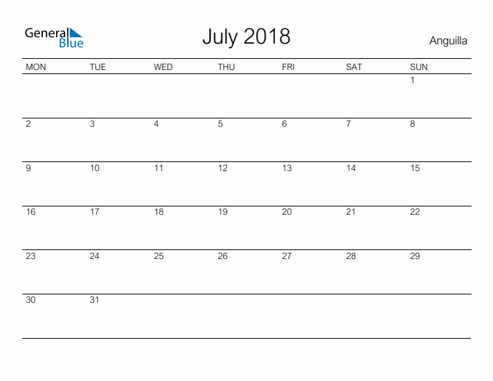 Printable July 2018 Calendar for Anguilla