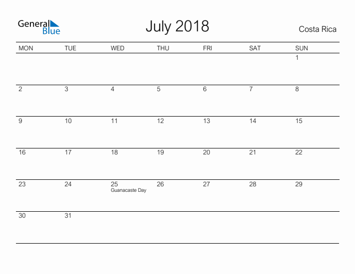 Printable July 2018 Calendar for Costa Rica