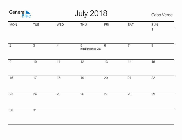 Printable July 2018 Calendar for Cabo Verde