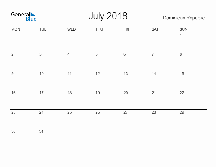 Printable July 2018 Calendar for Dominican Republic