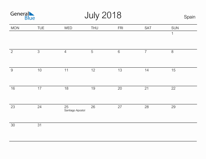 Printable July 2018 Calendar for Spain