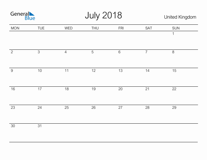 Printable July 2018 Calendar for United Kingdom