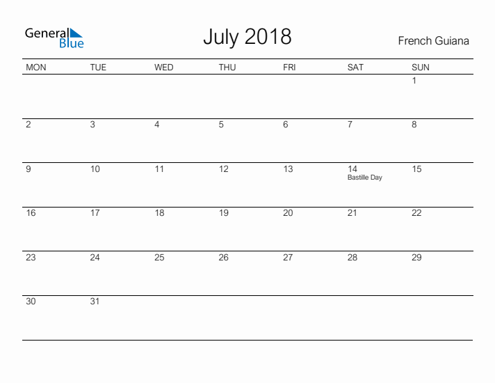 Printable July 2018 Calendar for French Guiana