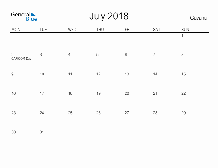 Printable July 2018 Calendar for Guyana