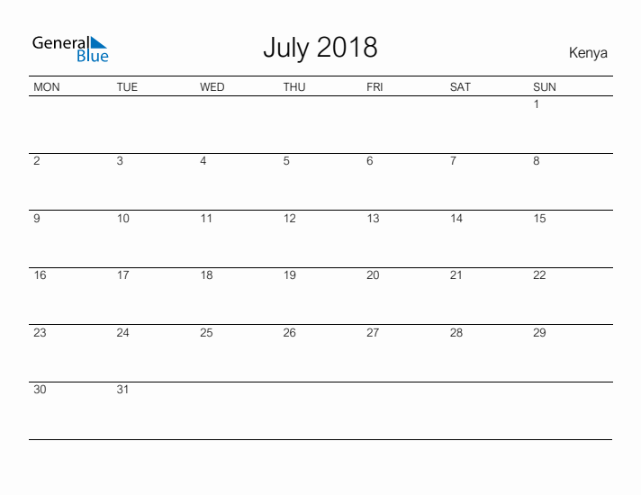 Printable July 2018 Calendar for Kenya