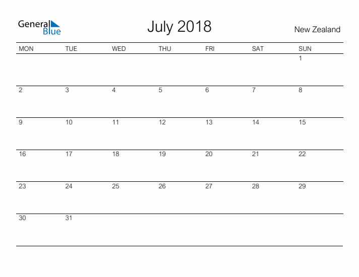 Printable July 2018 Calendar for New Zealand